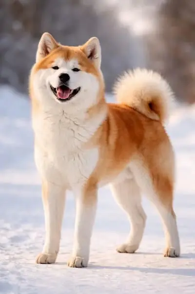 Akita Inu stoji u snijegu – japanska pasmina rođena u surovim planinama prefekture Akita