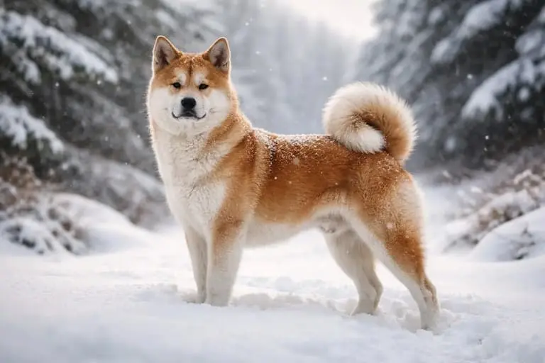 Akita Inu stoji u snježnoj šumi – pasmina je stvorena za hladnu klimu i obožava snijeg