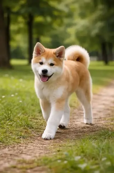 Štene Akita Inu približava se kameri u parku – simbol zdravlja i sreće u Japanu
