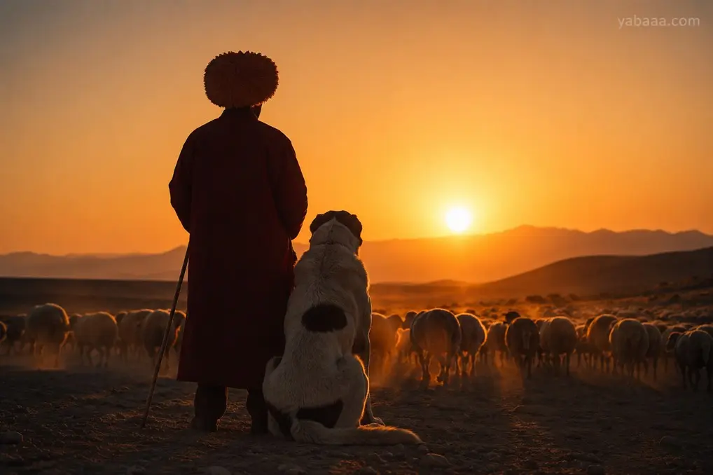 Turkmenski pastir i alabai promatraju stado ovaca pri zalasku sunca – tradicionalna uloga pasmine
