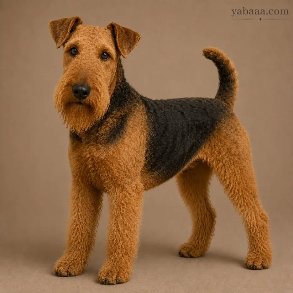 Airedale Terrier standing profile – large black and tan terrier dog breed