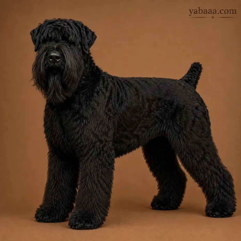 Black Russian Terrier standing portrait – large black working terrier dog breed