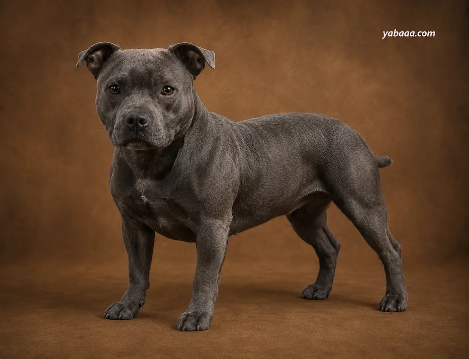 Blue Paul Terrier standing profile – rare blue-gray terrier dog breed