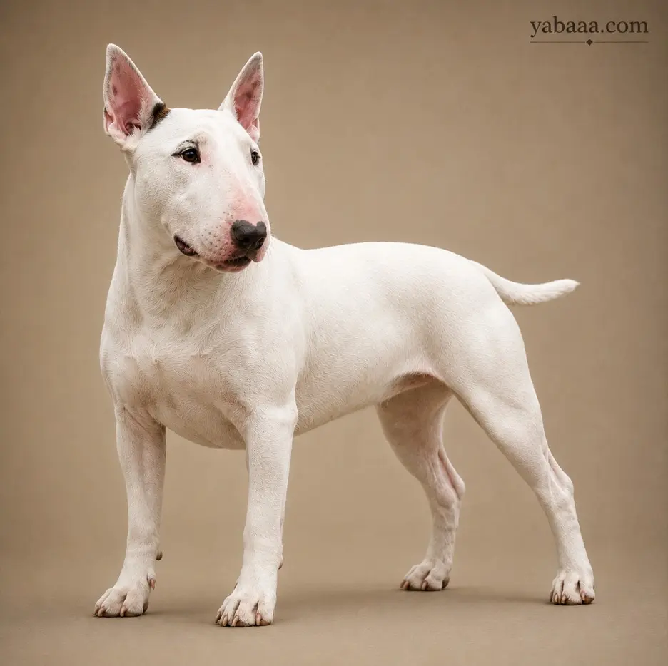 Bull Terrier standing profile photo – muscular terrier dog breed with white coat