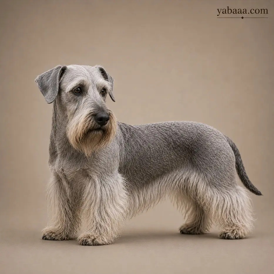 Cesky Terrier standing profile – gray long-coated terrier breed dog