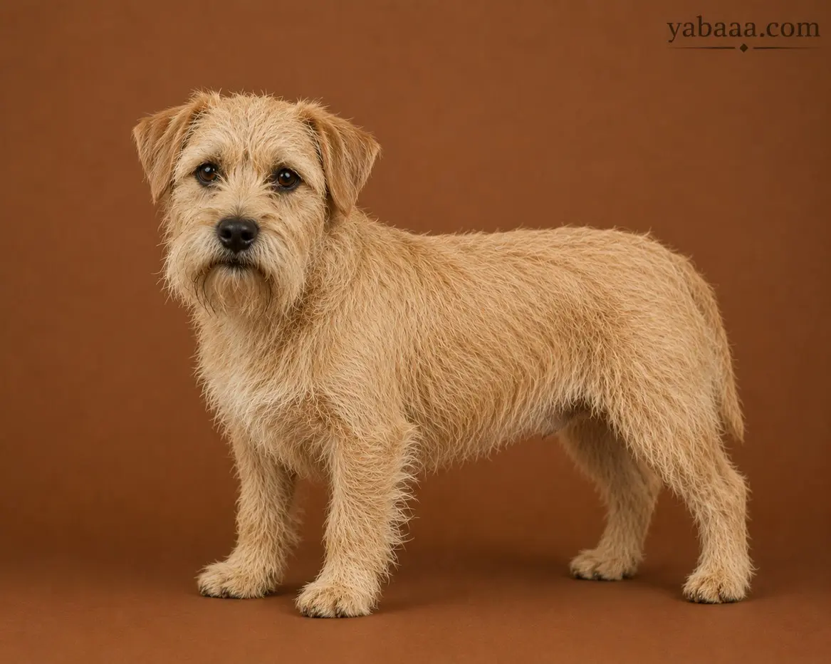 Dutch Smoushond standing profile – shaggy yellow terrier-type dog breed