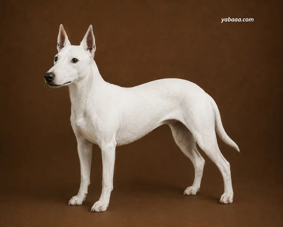 English White Terrier standing portrait – rare white terrier dog breed