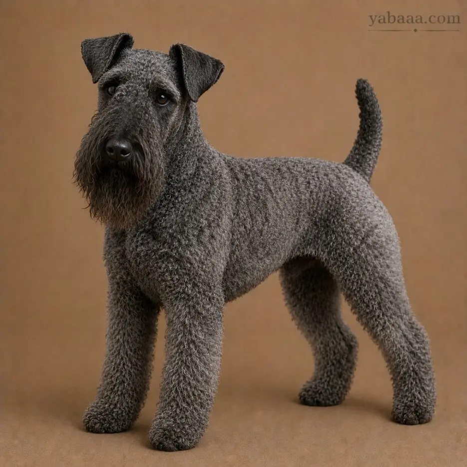 Kerry Blue Terrier standing profile – curly blue-gray terrier breed dog