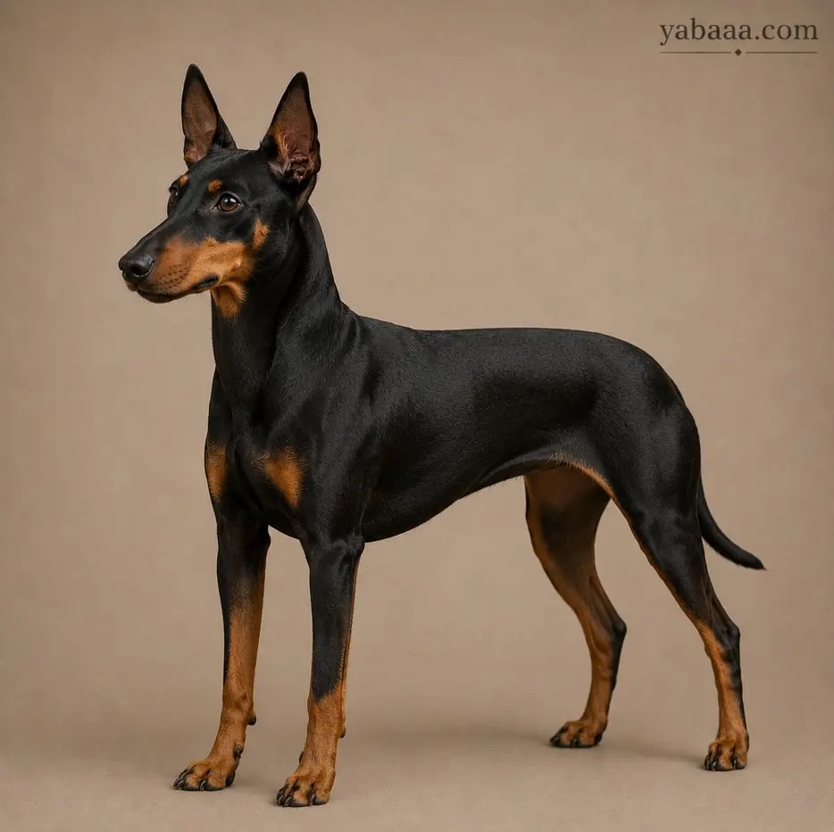 Manchester Terrier standing portrait – sleek black and tan terrier dog breed