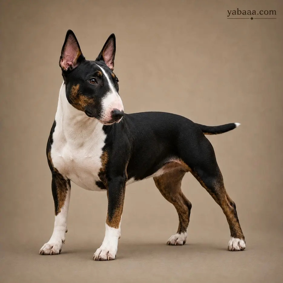 Miniature Bull Terrier standing portrait – small muscular terrier breed dog