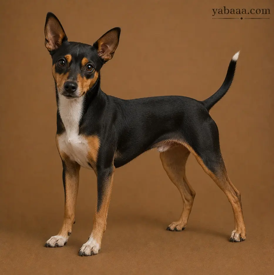 Mountain Feist standing portrait – athletic black and tan feist terrier dog