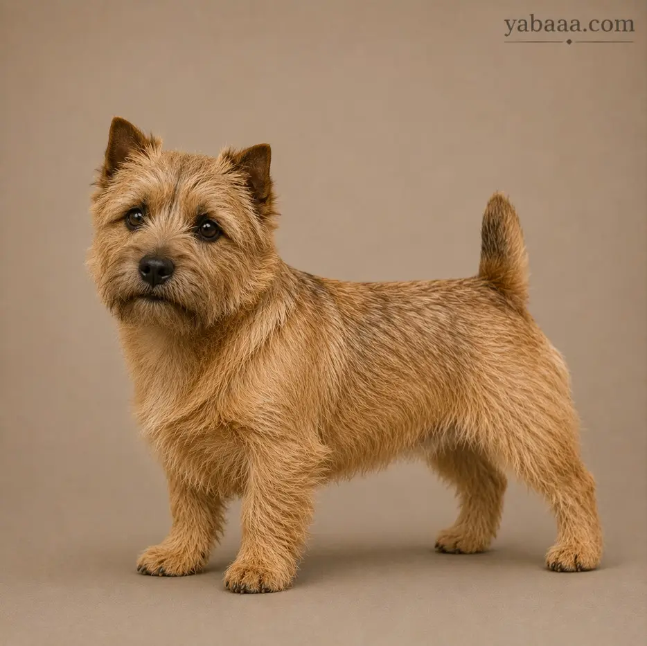 Norwich Terrier standing portrait – compact fluffy terrier dog breed