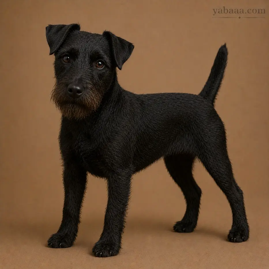 Patterdale Terrier standing profile – compact black working terrier dog