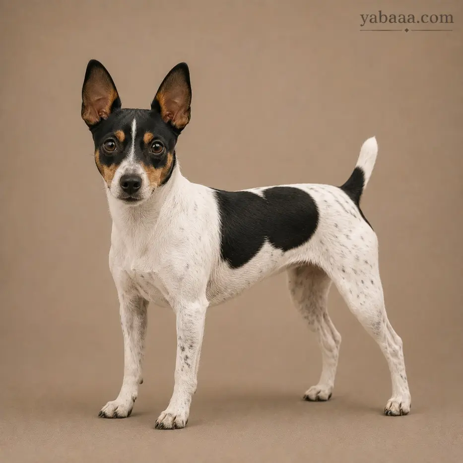 Rat Terrier standing portrait – small black white and tan terrier dog