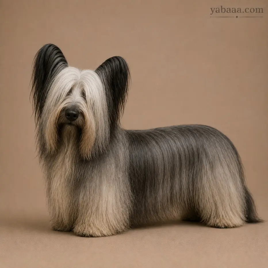 Skye Terrier standing portrait – long-haired low-bodied terrier dog breed