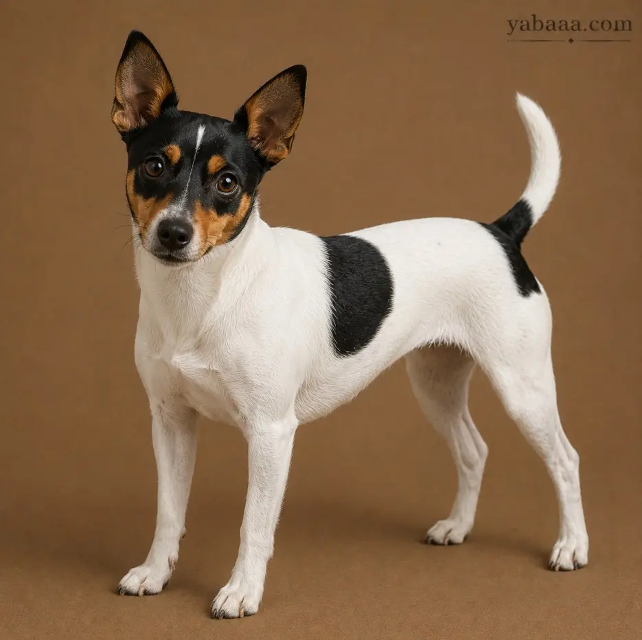 Tenterfield Terrier standing portrait – small white and black terrier breed