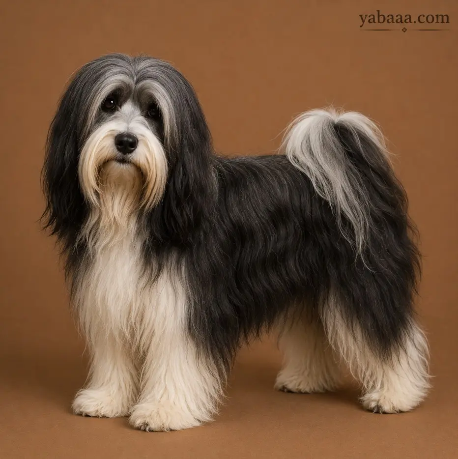 Tibetan Terrier standing profile – long-haired black and white terrier breed