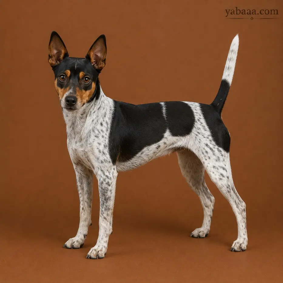 Treeing Feist standing profile – spotted black and white feist terrier dog