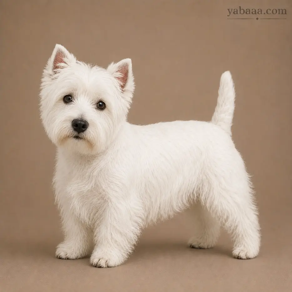 West Highland White Terrier standing portrait – small white terrier dog breed