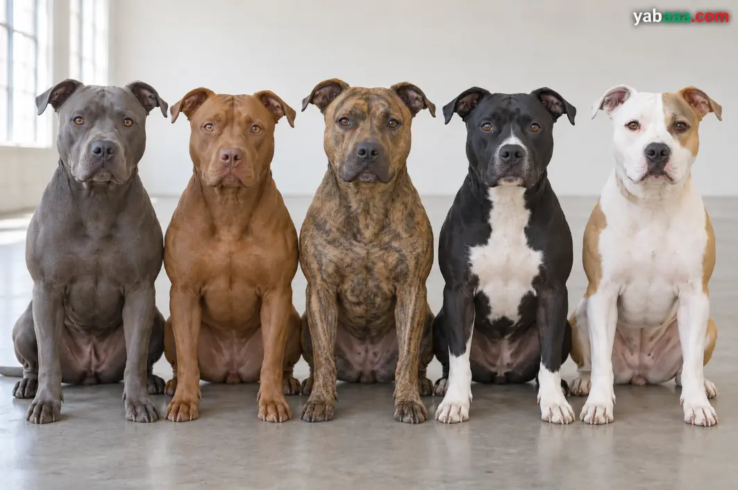 Pet ameriških pit bull terierjev različnih barv: moder, rdeč, tigrast, črn z belimi lisami in bel s plavimi lisami