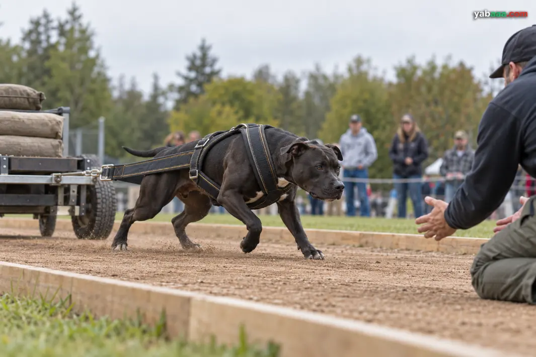 Črn ameriški pit bull terier z oprsnico vleče voziček s tovorom na tekmovanju v vleki bremen