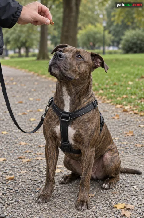 Tigrast ameriški pit bull terier z oprsnico sedi na poti v parku in čaka priboljšek od lastnika