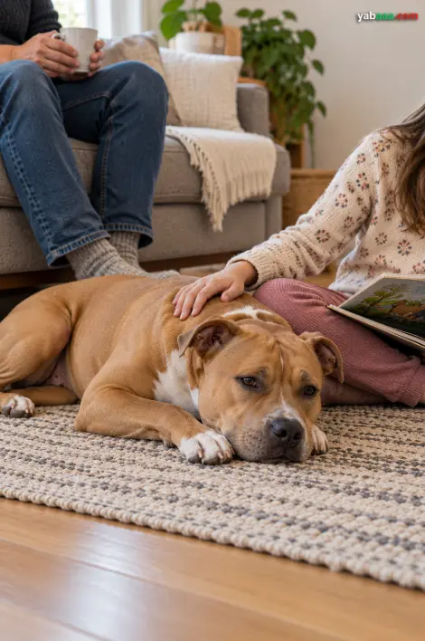Plav ameriški pit bull terier mirno leži na preprogi doma, otrok pa ga boža po glavi