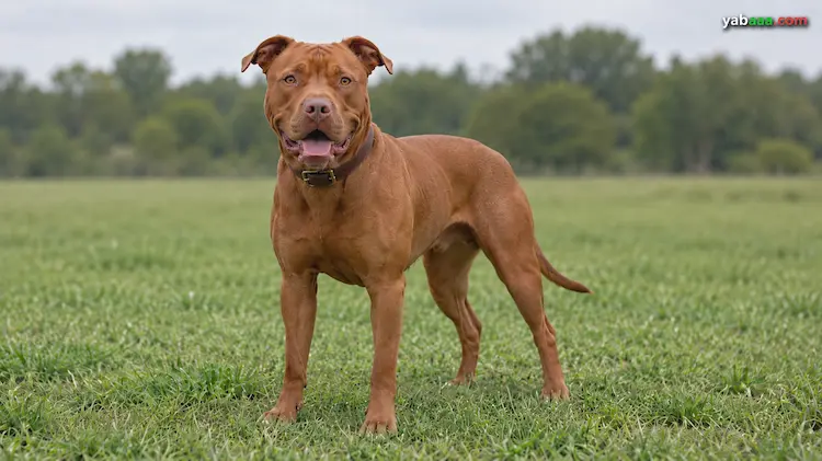 Ameriški pit bull terier z rdečo dlako in rdečim nosom, ki stoji na zelenem travniku