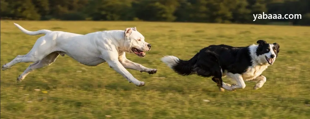 Dogo argentino teče v polnem šprintu za border collijem na zelenem polju