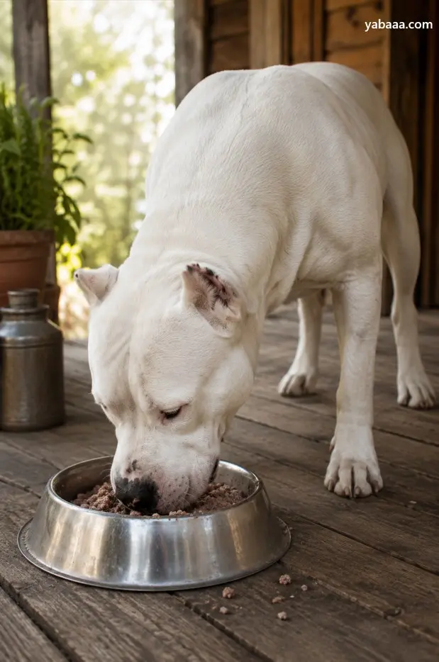 Dogo argentino je iz kovinske skledice na leseni verandi
