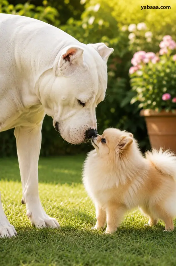 Velik dogo argentino previdno z nosom dotika malega pomeranca