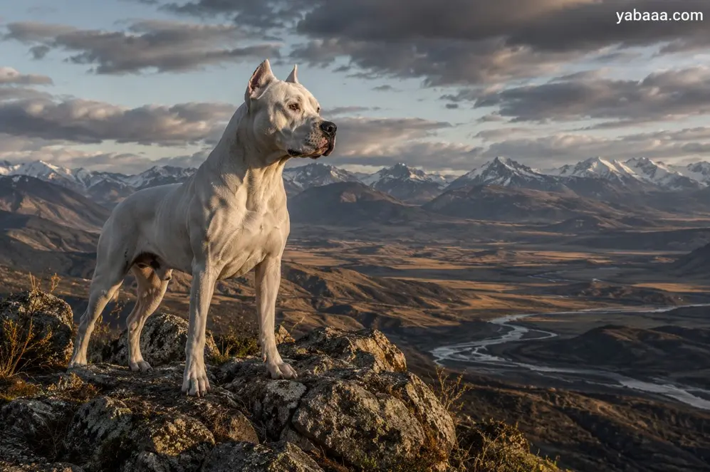 Dogo argentino stoji na skali z razgledom na gorsko pokrajino
