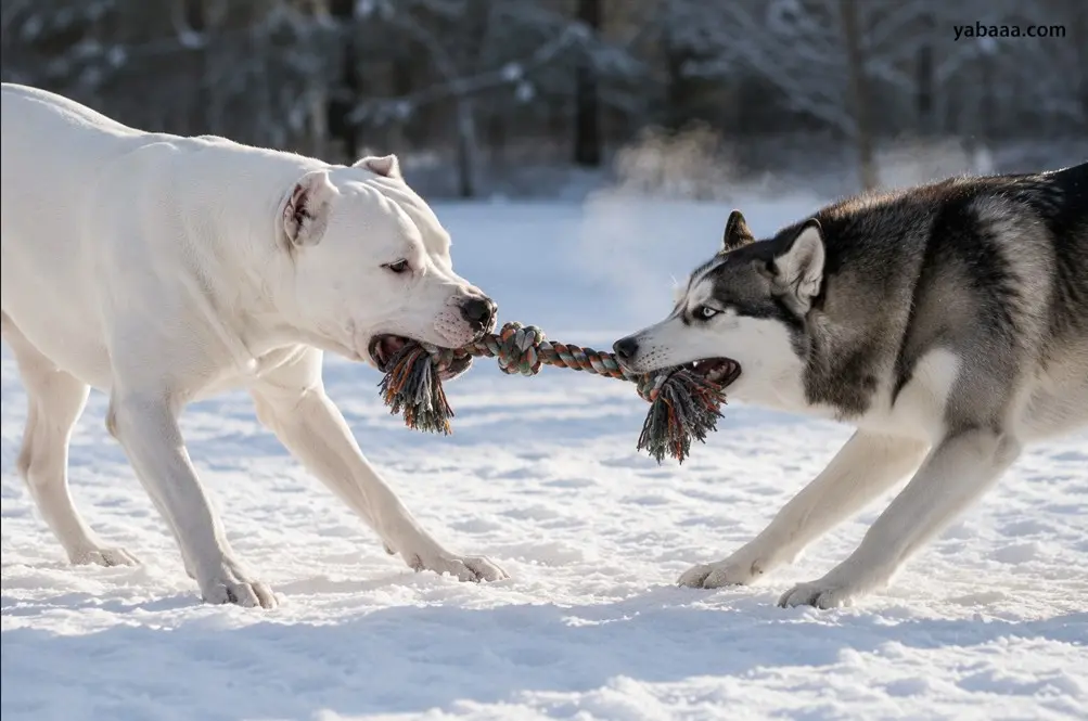 Dogo argentino se igra vlečenja vrvi s haskijem v snegu