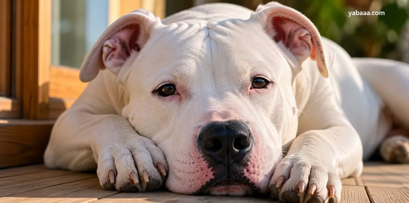 Dogo argentino sproščeno leži na leseni terasi na soncu
