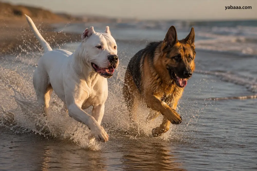 Dogo argentino teče ob nemškem ovčarju po plaži