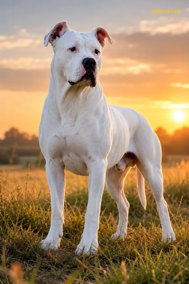 Dogo argentino stoji pokonci na polju ob sončnem zahodu