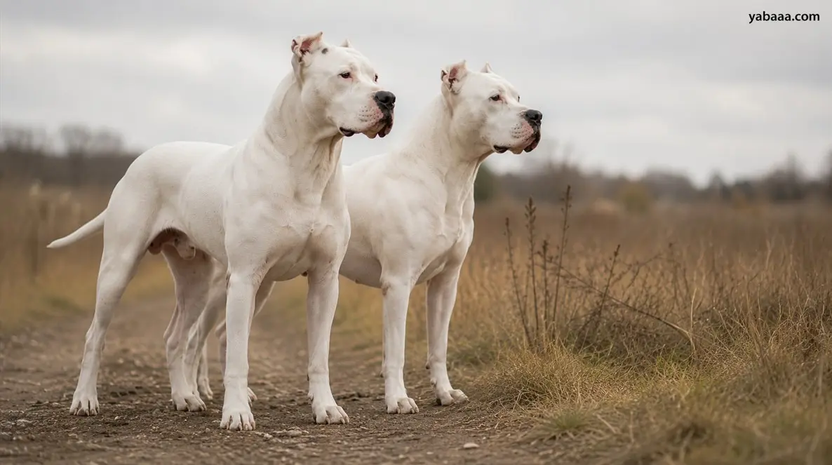 Dve argentinski dogi stojita z ramo ob rami na polju