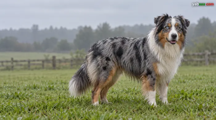 Moker avstralski ovčar (aussie) z modro merle obarvanostjo, enim modrim in enim jantarnim očesom stoji na travniku v jutranji megli
