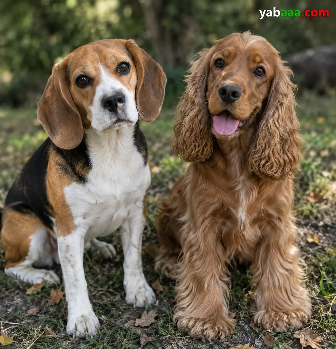 Tribarvni beagle in zlati koker španjel sedita drug ob drugem na travi