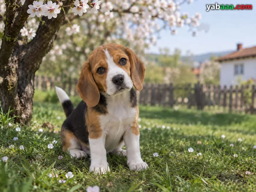 Tribarvni mladiček beagle sedi na travi pod cvetočim drevesom