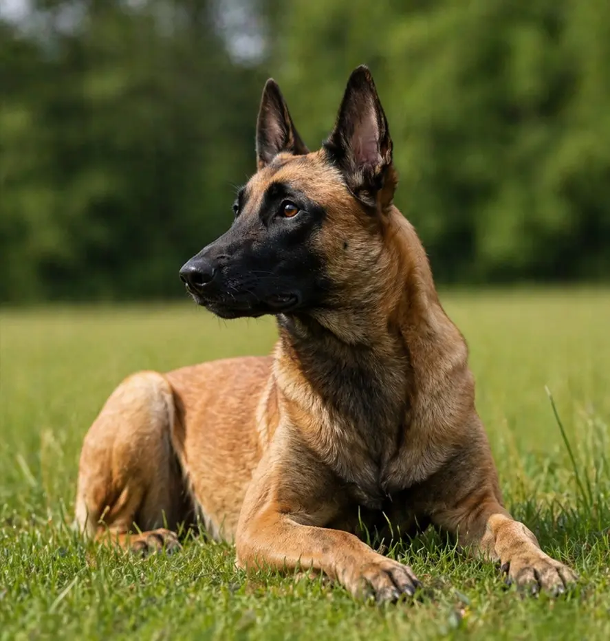 Белгийска овчарка Малиноа легнала в тревата на открито