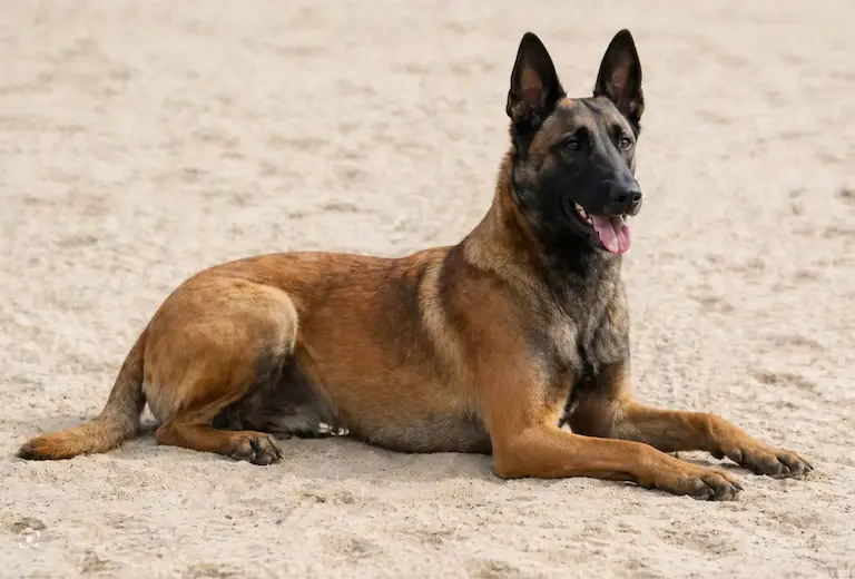 Белгийска овчарка Малиноа лежи на пясък