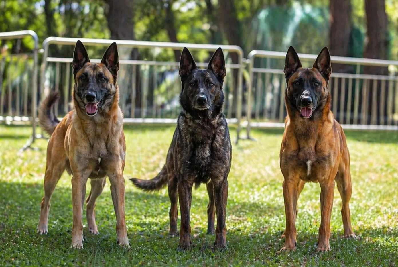 Три белгийски овчарки Малиноа, застанали на трева
