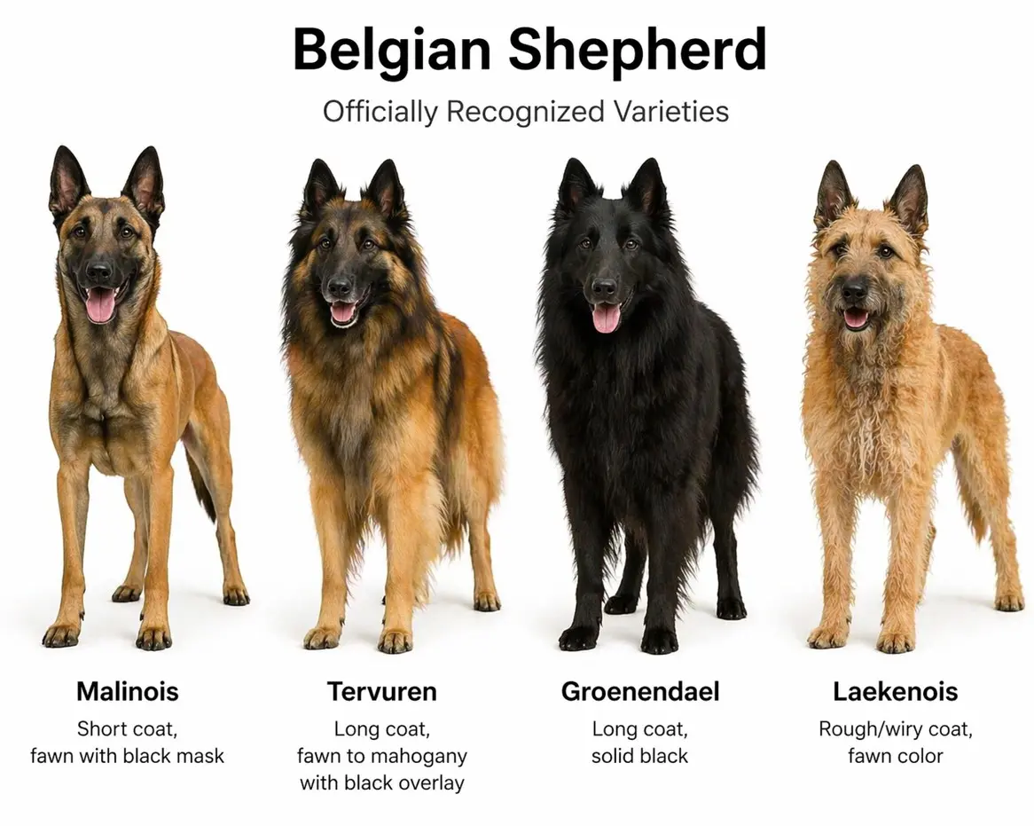 Четирите разновидности на белгийската овчарка: Малиноа, Тервюрен, Грюнендал и Лакеноа