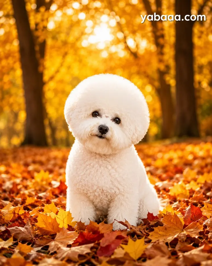 Bichon Frise v jesenskem gozdu — lepa bela dlaka na ozadju jesenskega listja
