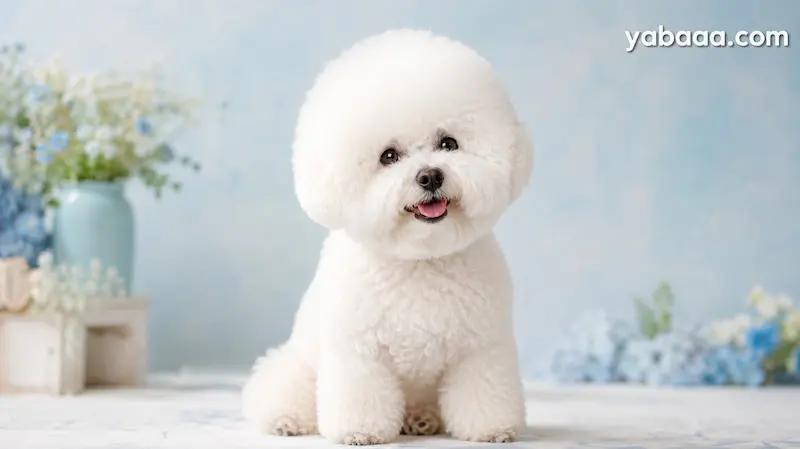 Bichon Frise — lep bel pes s cvetličnim ozadjem