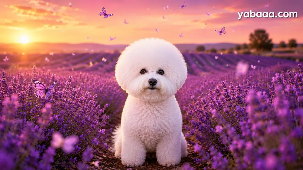Bichon Frise v lavendinem polju pri sončnem zahodu — sanjski portret