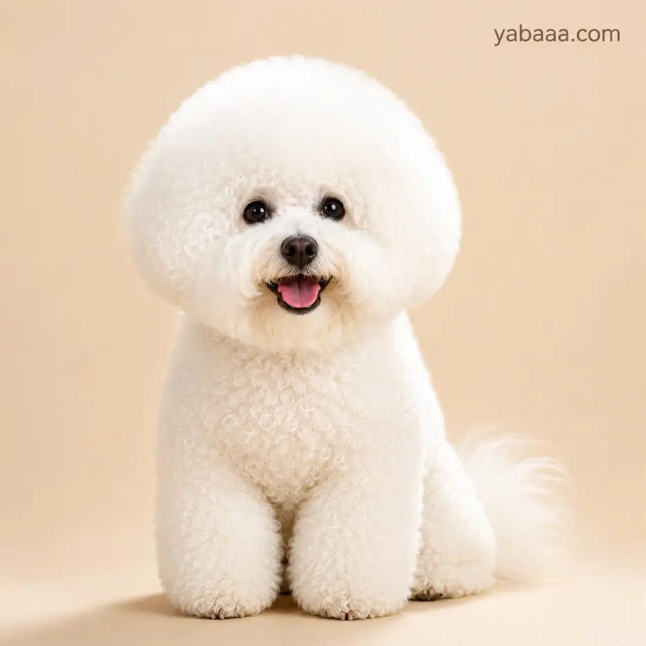 Bichon Frise studijski portret — tipičen videz pasme z značilno sferično pričesko