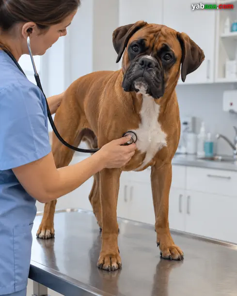 Veterinar s stetoskopom posluša srce bokserja v kliniki
