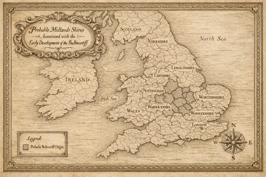 Povijesna karta Engleske koja prikazuje vjerojatne grofovije u Midlandsu povezane s ranim razvojem pasmine Bulmastif